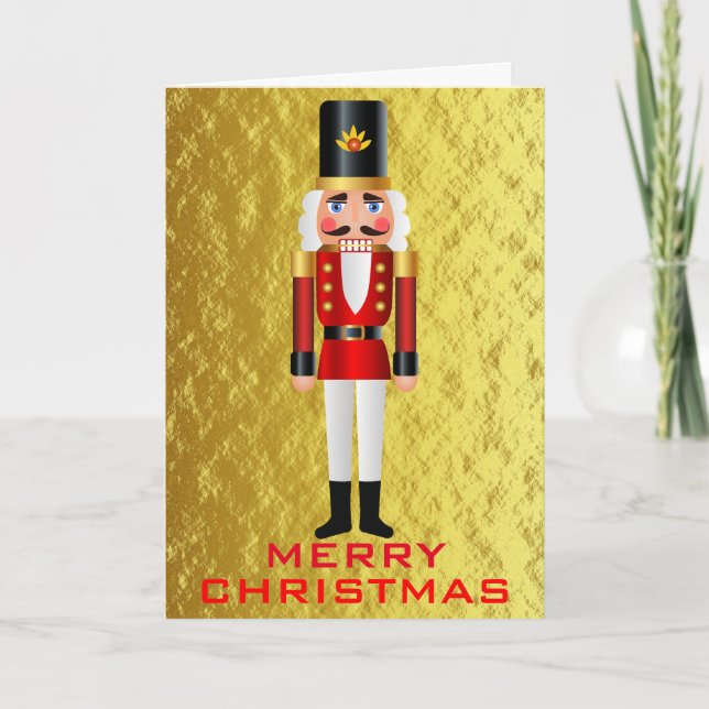 Red and White Nutcracker on Faux Gold Personalise Holiday Card (Front)