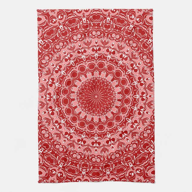 Red and White Ornamental Mandala Pattern Tea Towel (Vertical)