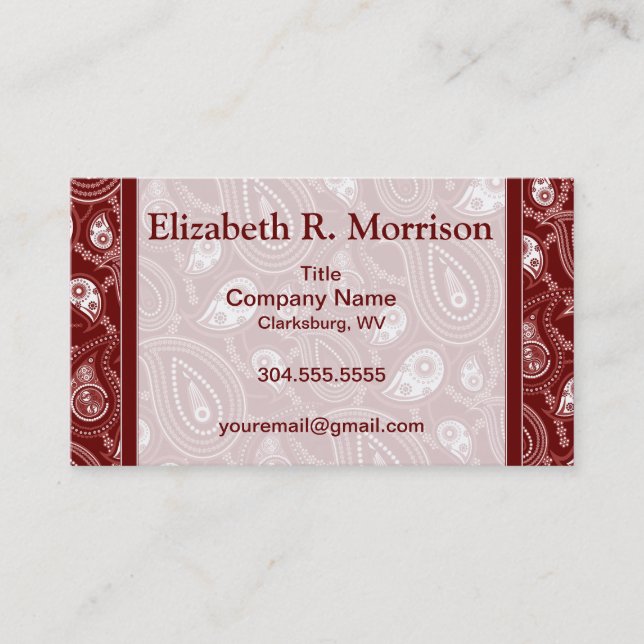 Red and White Paisley Business Card (Front)