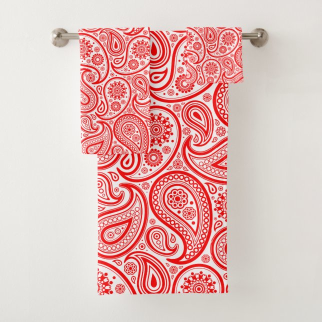 Red and white paisley pattern bath towel set (Insitu)