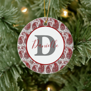 Red and white paisley personalised ceramic ornament