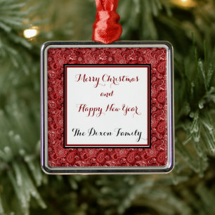 Red and white paisley personalised metal ornament