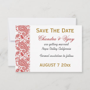 Red and white paisley Save the date wedding