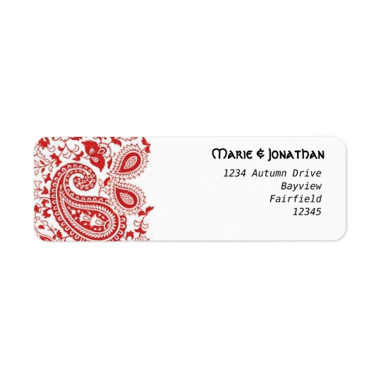Red and white paisley wedding return address label