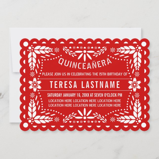 Red and white papel picado Quinceañera Invitation (Front)