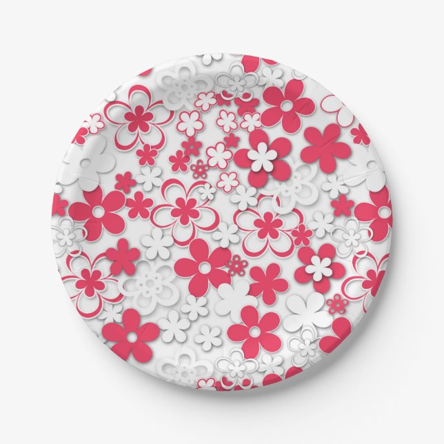 Red and white paper flowers plate (Front)