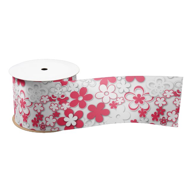Red and white paper flowers satin ribbon (Spool)