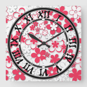 Red and white paper flowers square wall clock