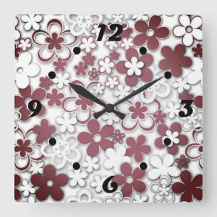 Red and white paper flowers square wall clock
