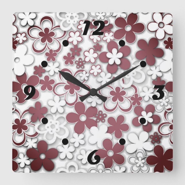Red and white paper flowers square wall clock (Front)