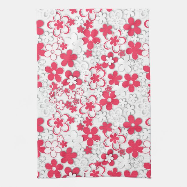 Red and white paper flowers tea towel (Vertical)