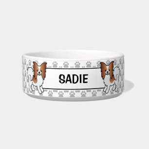 Red And White Papillon Cute Cartoon Dog & Name Bowl