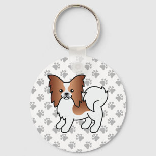 Red And White Papillon Cute Cartoon Dog & Paws Key Ring