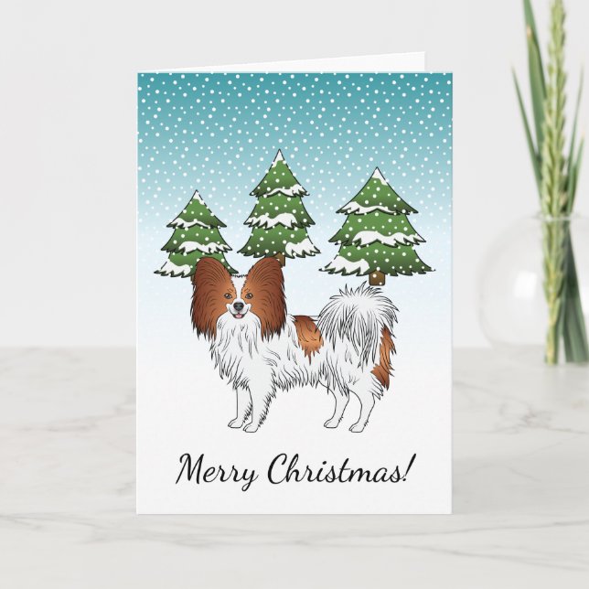 Red And White Papillon Cute Dog In Winter Forest Card (Front)
