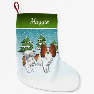 Red And White Papillon Cute Dog In Winter Forest Small Christmas Stocking