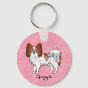 Red And White Papillon Cute Dog On Pink Hearts Key Ring