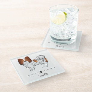 Red And White Papillon Cute Dog With Custom Text Glass Coaster