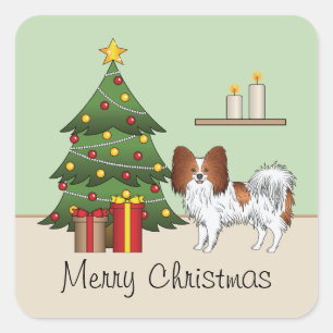 Red And White Papillon Dog By A Christmas Tree Square Sticker