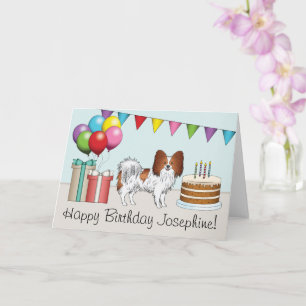 Red And White Papillon Dog Colourful Birthday Card