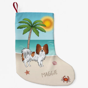 Red And White Papillon Dog Tropical Summer Beach Small Christmas Stocking