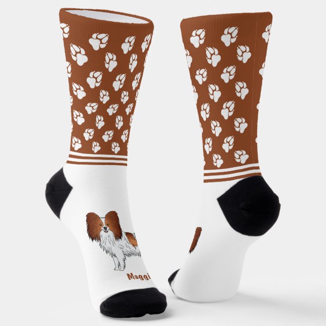 Red And White Papillon Dog With Name And Paws Socks (Angled)