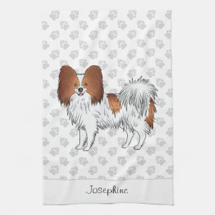 Red And White Papillon Dog With Paws And Text Tea Towel