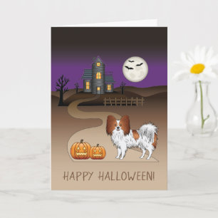 Red And White Papillon & Halloween Haunted House Card