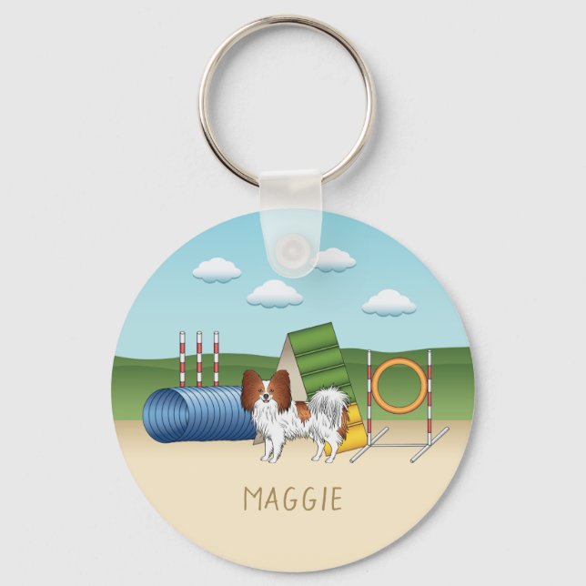 Red And White Papillon With Agility Equipment Key Ring (Front)