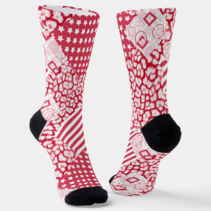 Red and white patchwork rustic Socks