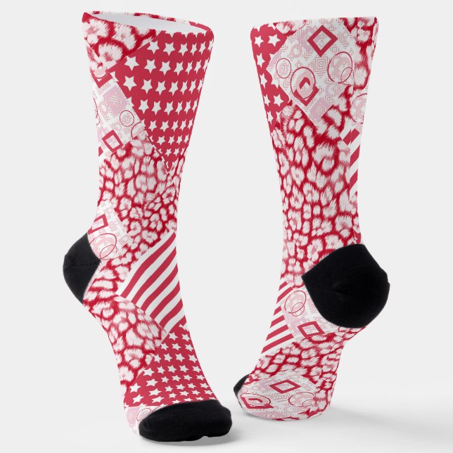  Red and white patchwork rustic Socks (Angled)