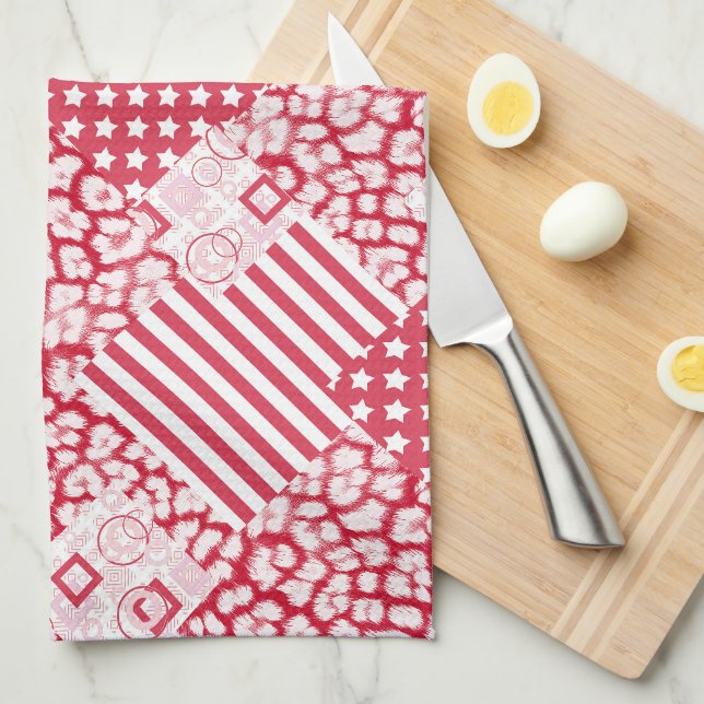  Red and white patchwork rustic Tea Towel (Quarter Fold)