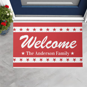 Red and White Patriotic Stars Custom Name Welcome Doormat