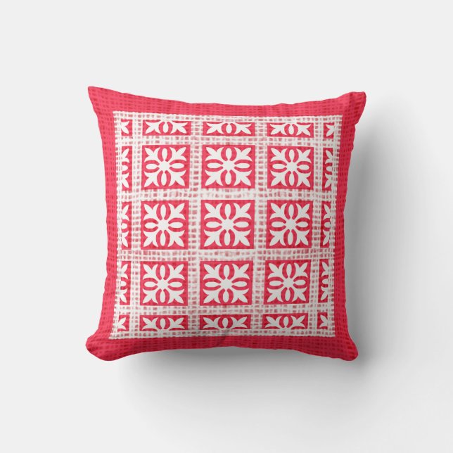 Red and White Pattern Burlap Texture Holiday Cushion (Front)