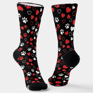 Red and White Paw Print and Heart Pattern Socks