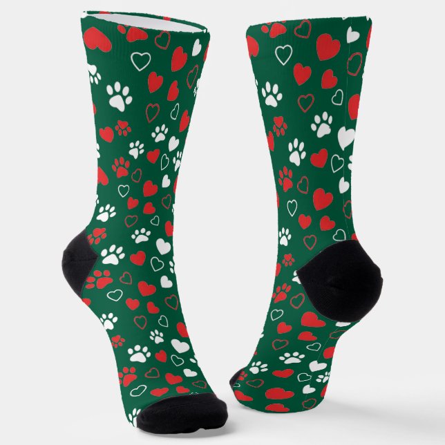 Red and White Paw Print and Heart Pattern Socks (Angled)