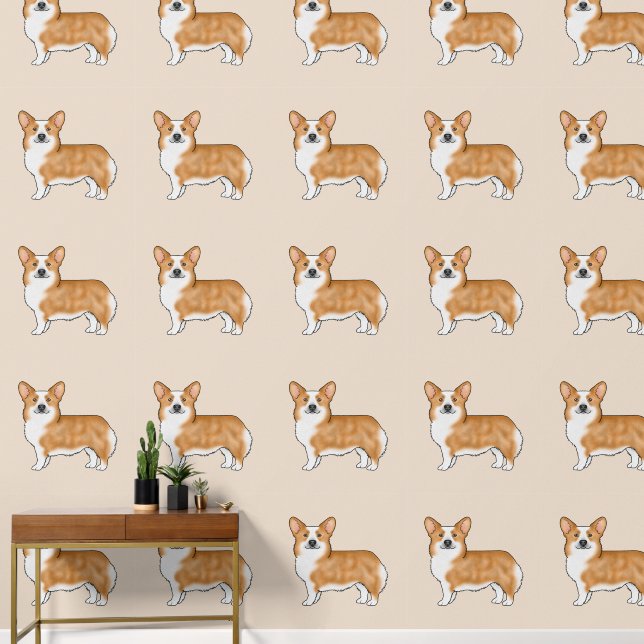Red And White Pembroke Welsh Corgi Dog Art Pattern Wallpaper (Hallway)