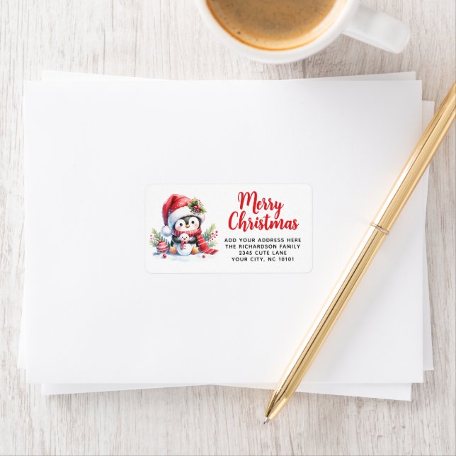 Red and White Penguin Personalised Christmas Label (Insitu)
