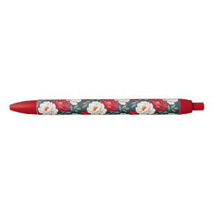 Red and white peony flowers black ink pen