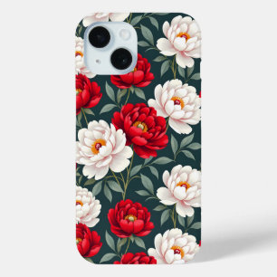 Red and white peony flowers iPhone 15 case