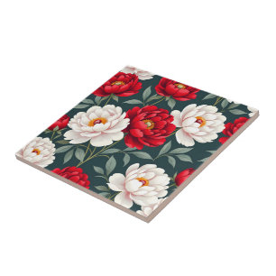 Red and white peony flowers  ceramic tile