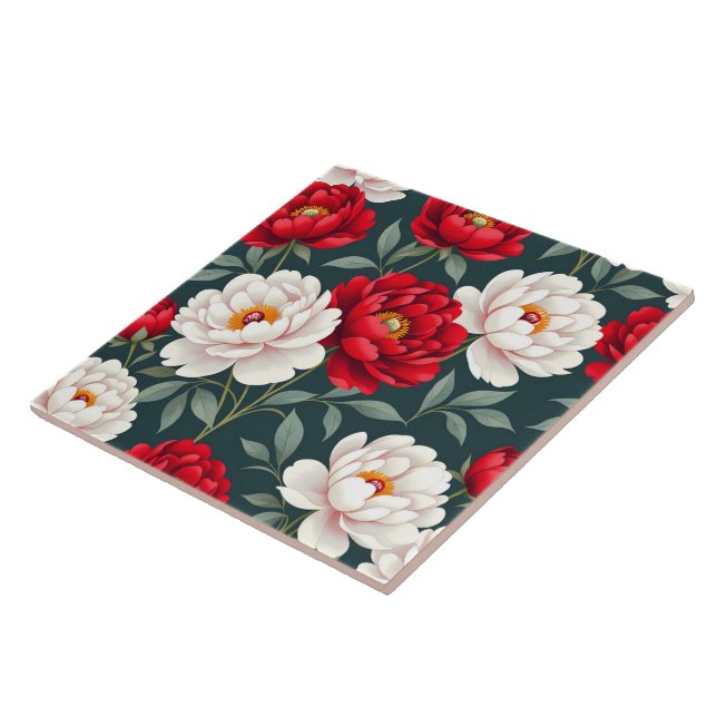 Red and white peony flowers  ceramic tile (Side)