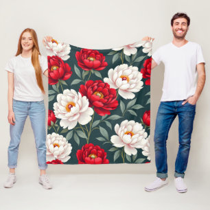 Red and white peony flowers fleece blanket