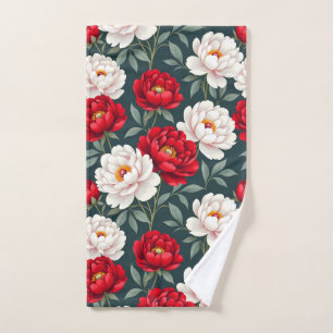Red and white peony flowers hand towel