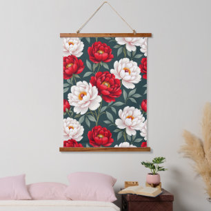 Red and white peony flowers hanging tapestry