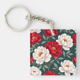 Red and white peony flowers  key ring