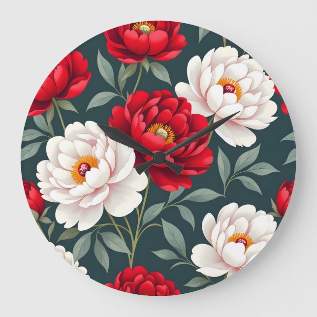 Red and white peony flowers  large clock (Front)