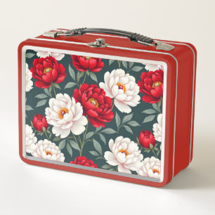 Red and white peony flowers metal lunch box