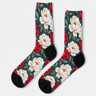 Red and white peony flowers  socks
