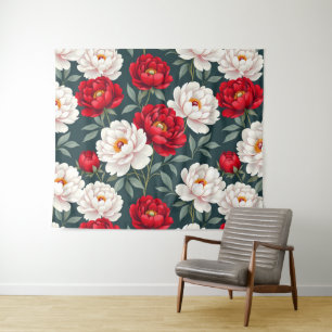 Red and white peony flowers tapestry