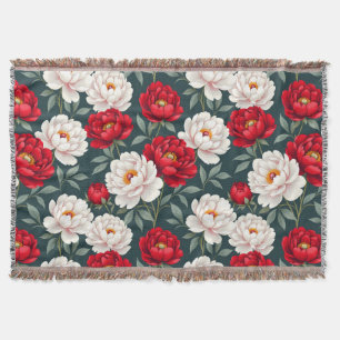 Red and white peony flowers throw blanket